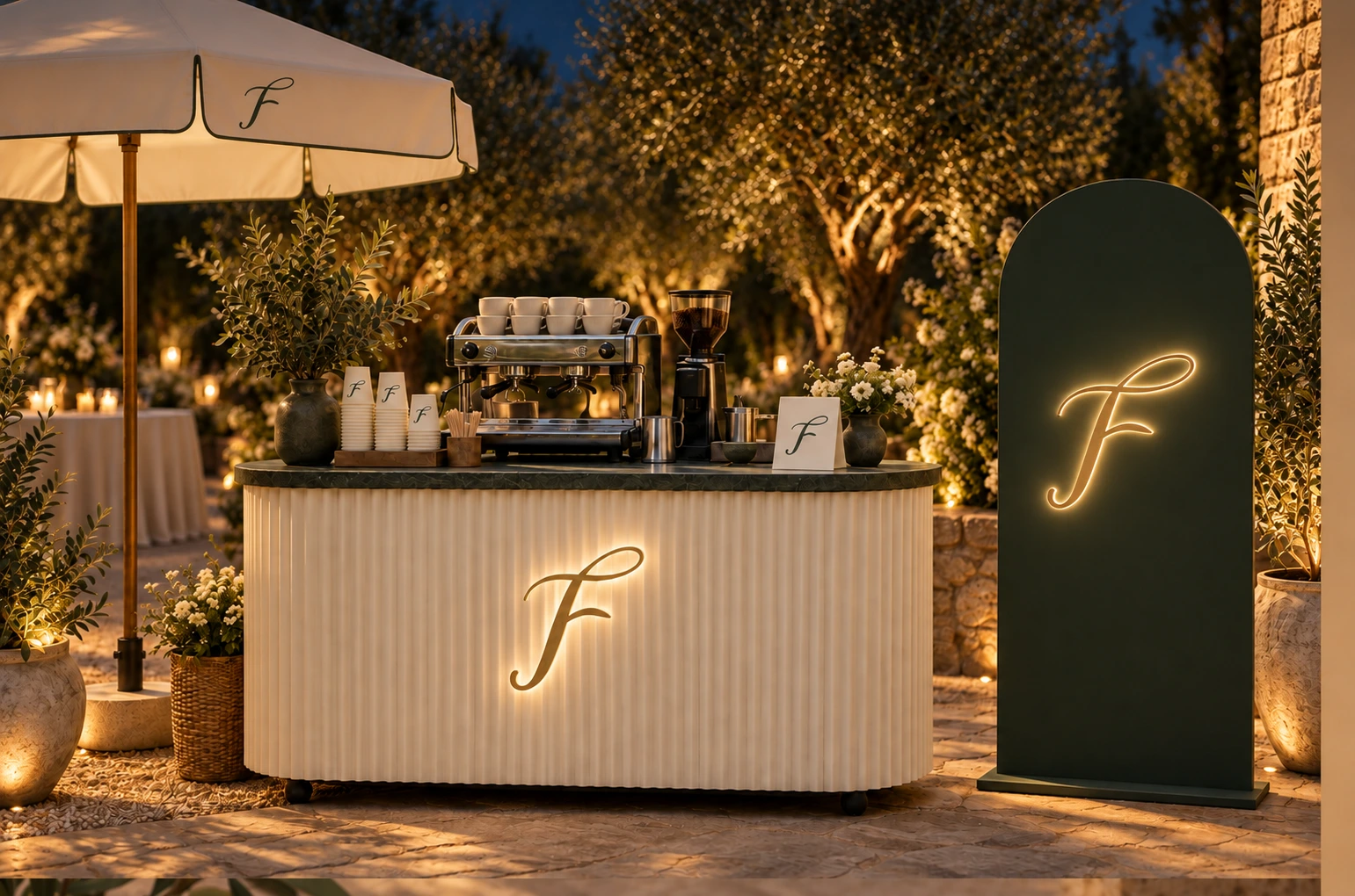 Warmly illuminated FETE bar at an evening celebration