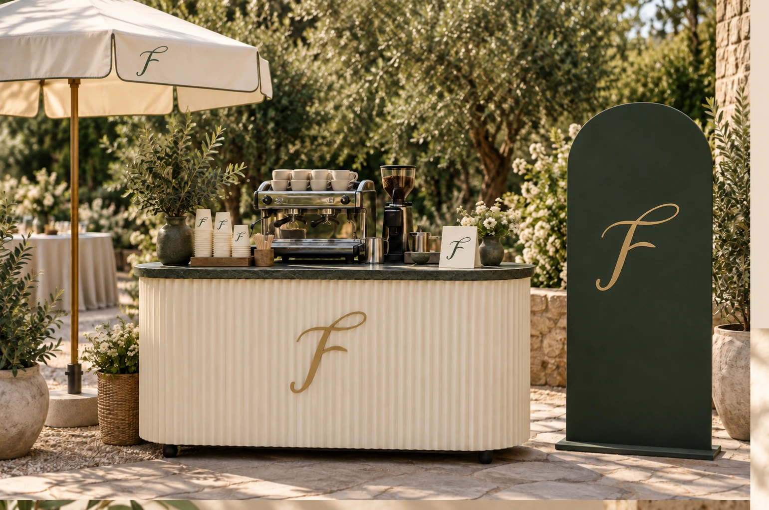 FETE mobile bar set among flowers in a sunlit garden