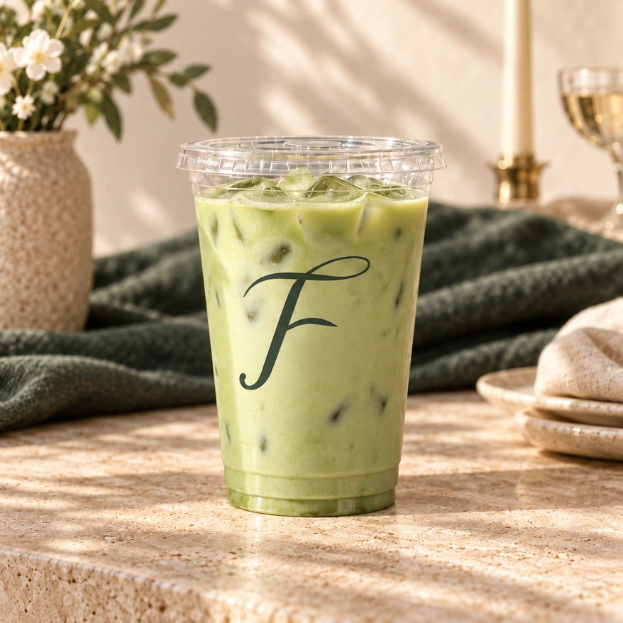 FETE matcha served in a clear cup with the signature forest green mark